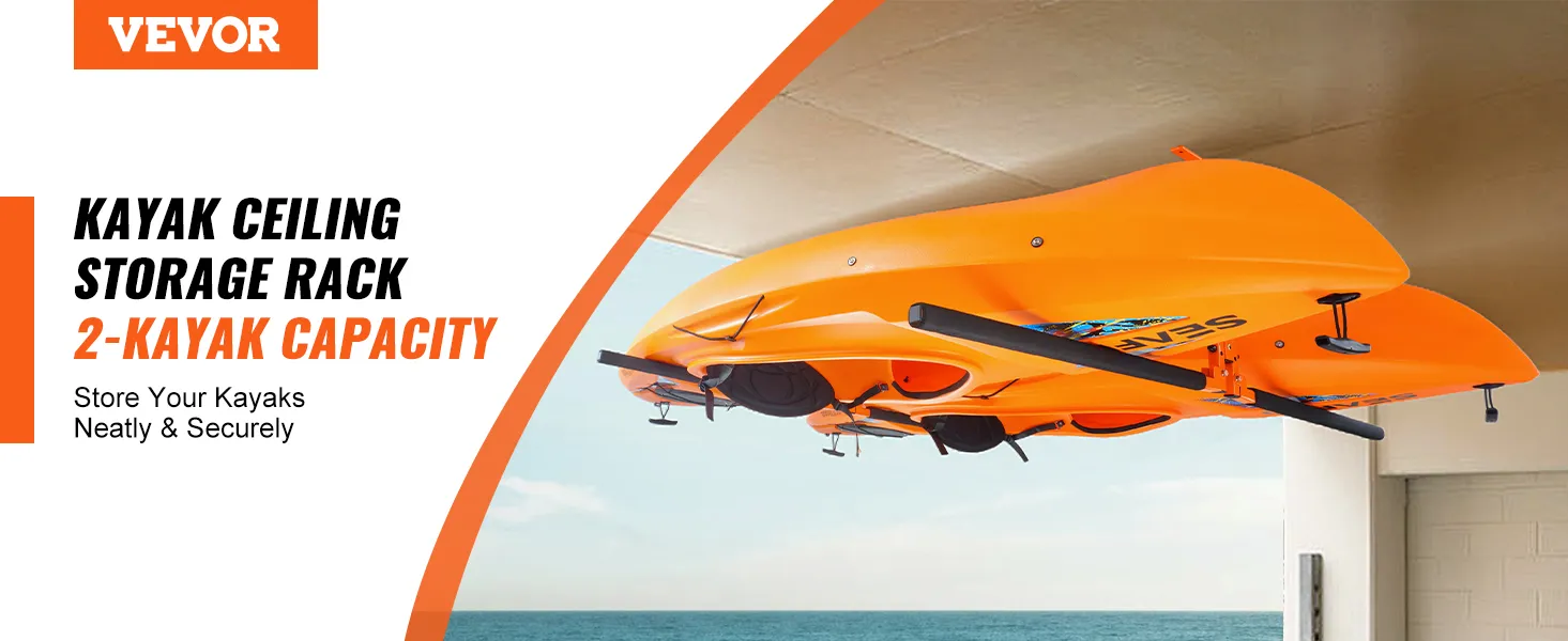 Supporto da soffitto per kayak VEVOR che tiene saldamente due kayak arancioni in un garage.
