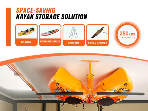 Supporto da soffitto per kayak VEVOR, con capacità di carico di 250 libbre, per risparmiare spazio.