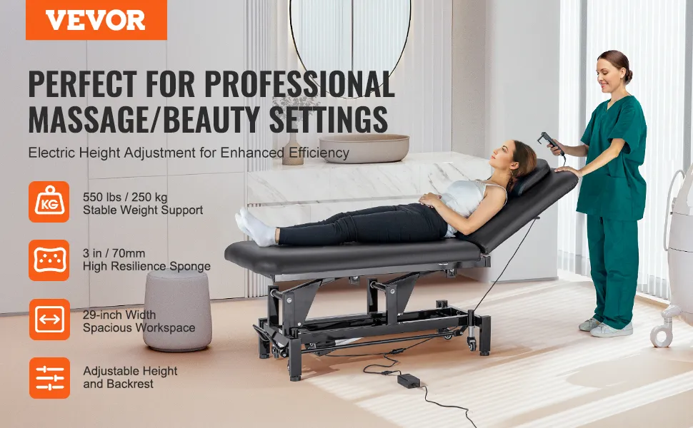 VEVOR electric lift massage table with adjustable height, 550 lbs weight support, and 29-inch width workspace.