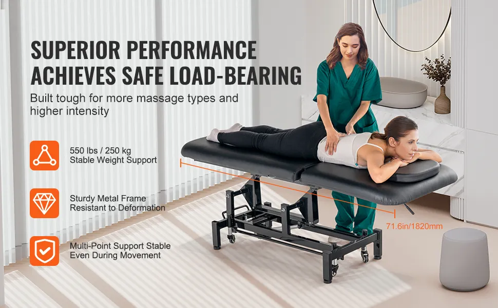 VEVOR electric lift massage table in use, demonstrating stability with superior load-bearing performance.