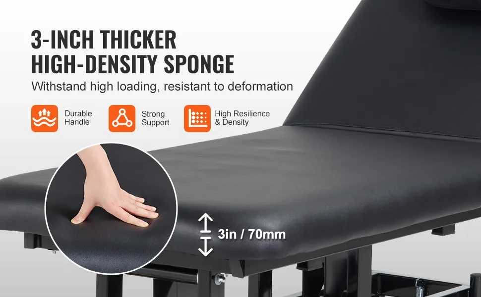 VEVOR electric lift massage table with high-density 3-inch sponge, strong support, and high resilience.