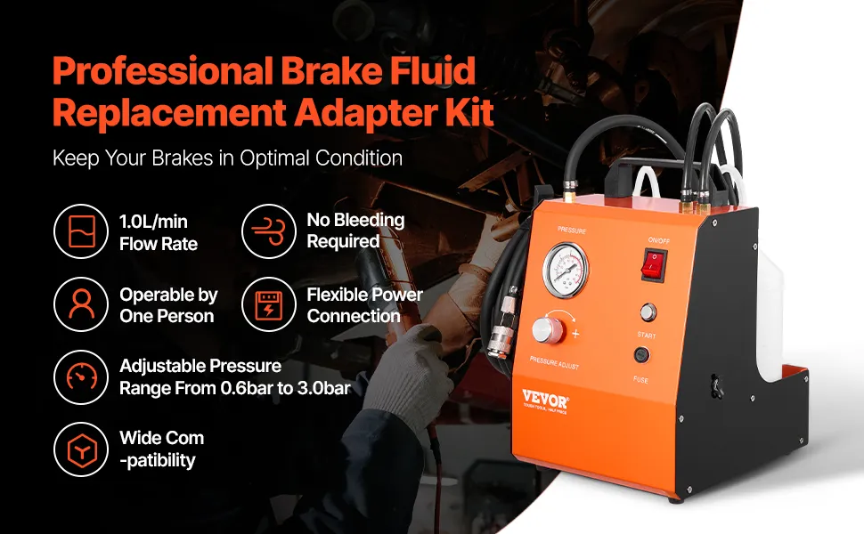 VEVOR Electric Brake Bleeder Kit, Professional 110V Brake Master Cylinder Bleeder Kit with Pressure Gauge & Built-In Air Pump, Versatile Brake Bleeder Adapter Set for Both DC & AC Power