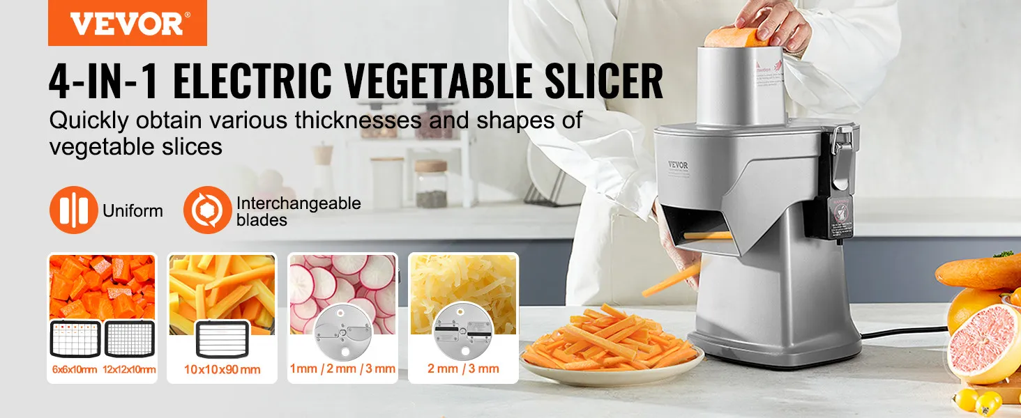 VEVOR electric vegetable slicer with interchangeable blades, showcasing various sliced vegetables.