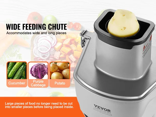 VEVOR electric vegetable slicer with a wide feeding chute, suitable for cucumbers, purple cabbage, and potatoes.