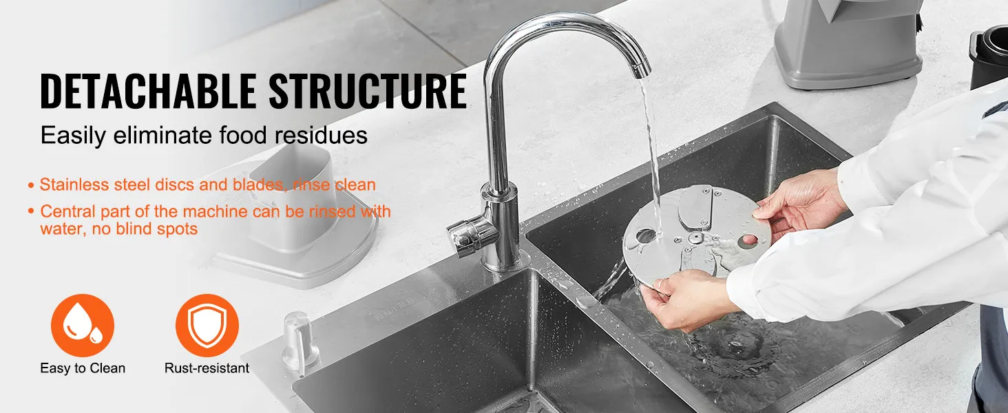 detachable VEVOR electric vegetable slicer disc being rinsed in a sink. easy to clean and rust-resistant.