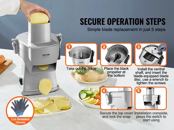secure operation steps for VEVOR electric vegetable slicer showcasing blade replacement and cut-resistant gloves.