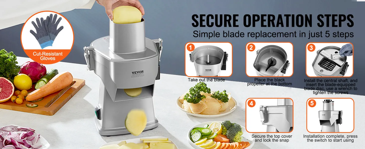 secure operation steps for VEVOR electric vegetable slicer showcasing blade replacement and cut-resistant gloves.