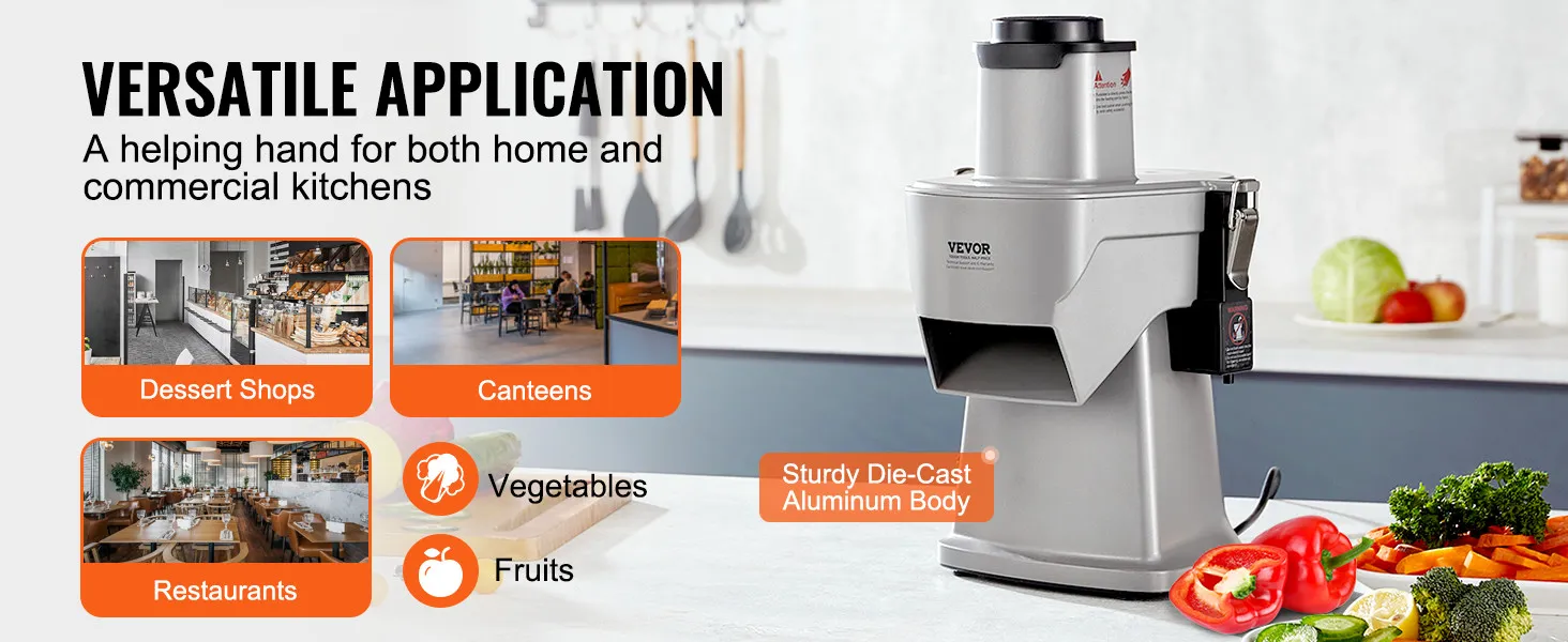 VEVOR electric vegetable slicer on a kitchen counter with chopped vegetables, suitable for versatile applications.