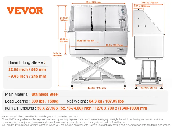 stainless steel VEVOR dog grooming tub with lift, dimensions, and accessories detailed.