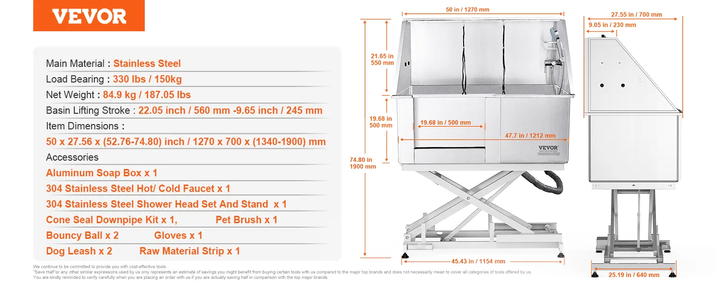 stainless steel VEVOR dog grooming tub with lift, dimensions, and accessories detailed.