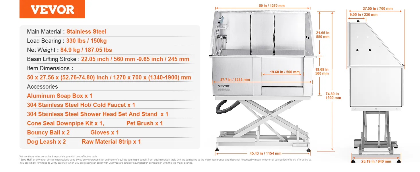 VEVOR dog grooming tub with stainless steel, dimensions and accessories listed, lift and faucet shown.