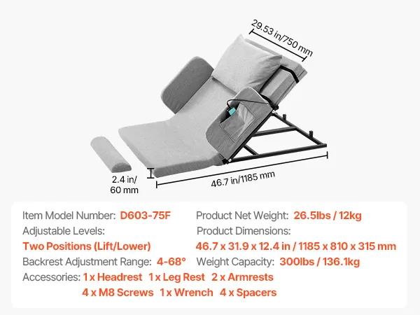 VEVOR Electric Lifting Backrest for Bed, 300 lbs Capacity, 4-68° Adjustable Lifting Bed Backrest, with Guardrail Armrest & Storage Pouch, Machine Washable, for Pregnant Women Elderly Patient Handicap