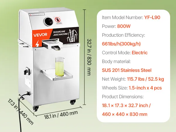 Exprimidor de caña de azúcar VEVOR con potencia de 800w, eficiencia de 661 lbs/h, carcasa de acero inoxidable sus201 y 2 cuchillas peladoras.