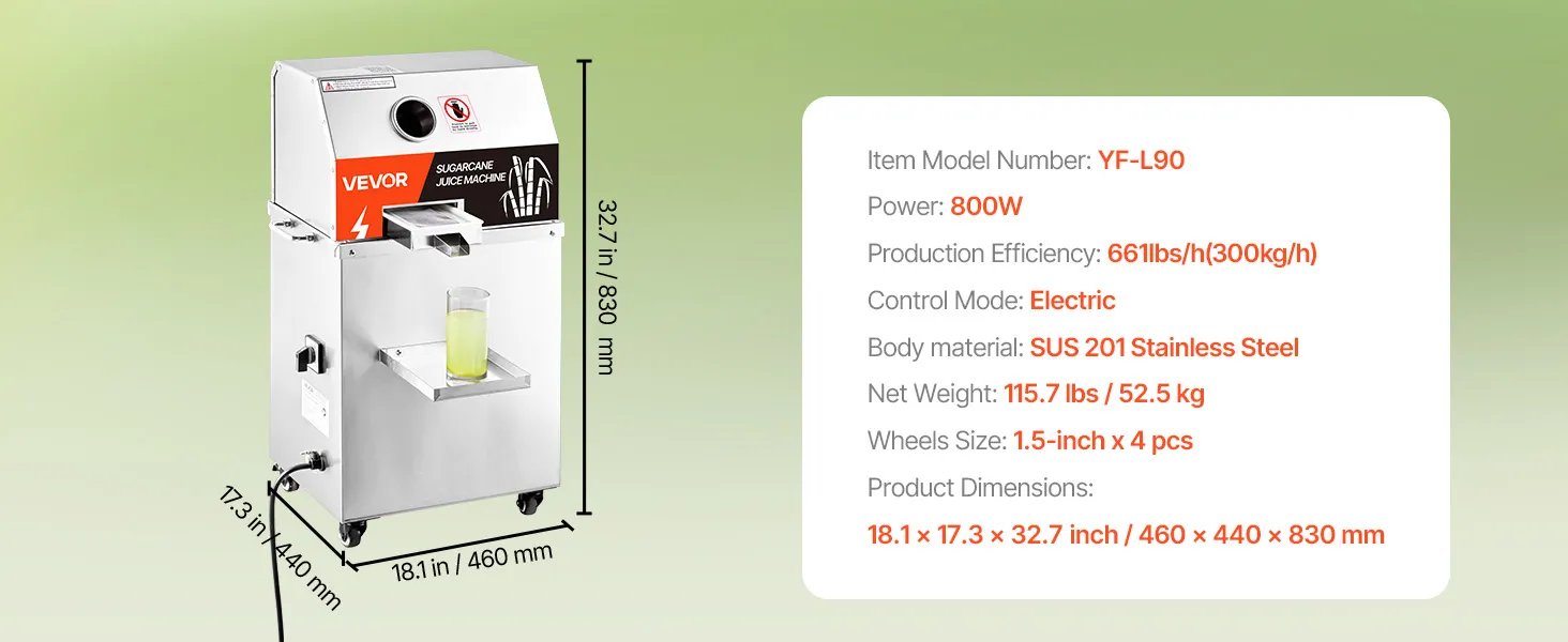 VEVOR sugar cane juicer with 800w power, 661 lbs/h efficiency, sus201 stainless steel housing, and 2 peeling knives.