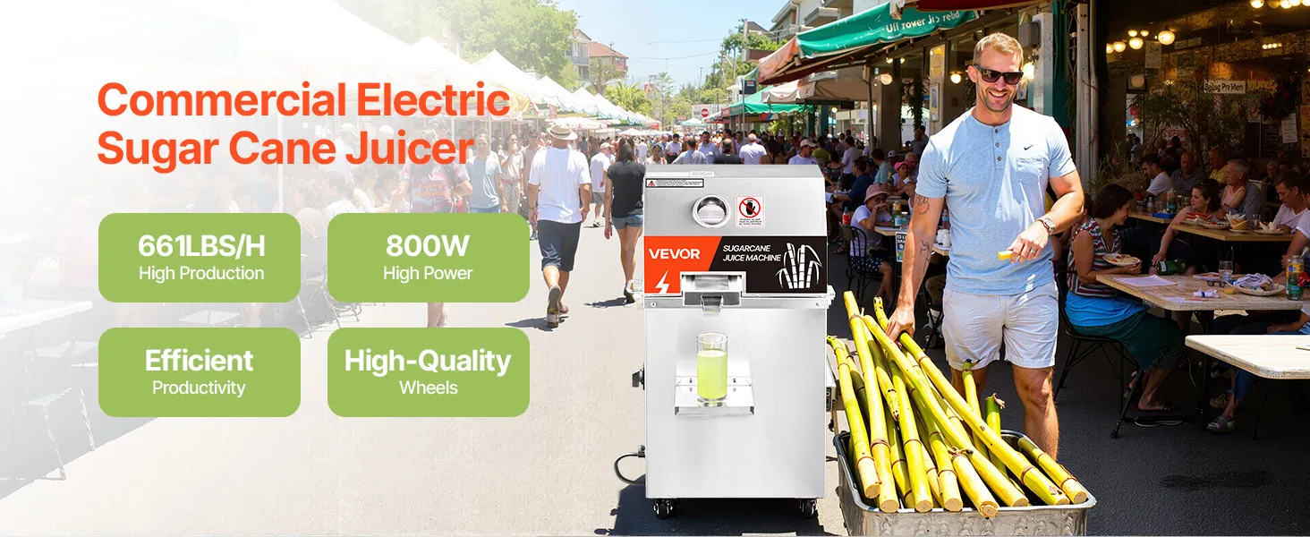 VEVOR sugar cane juicer with 661 lbs/h production, 800w power, efficient productivity, and high-quality wheels.