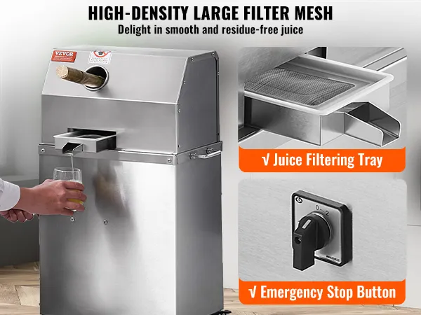 Exprimidor de caña de azúcar VEVOR con malla filtrante de alta densidad, bandeja filtrante de jugo y botón de parada de emergencia.