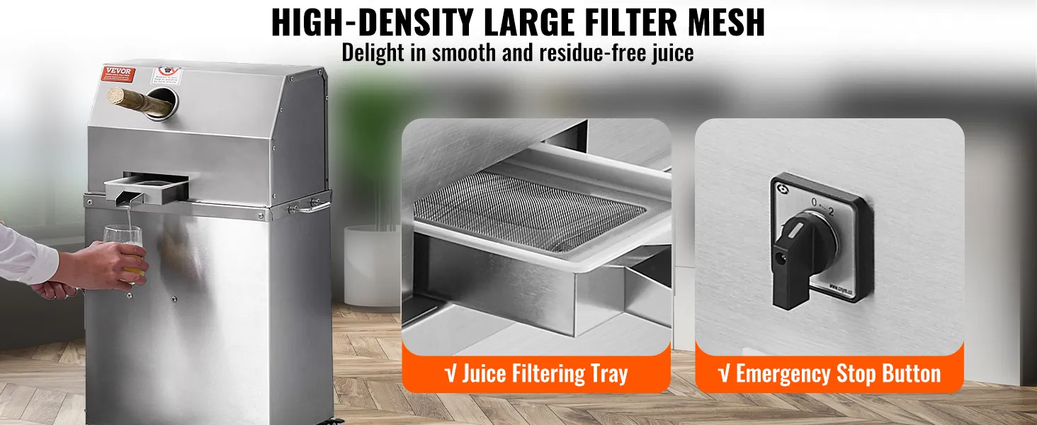 VEVOR sugar cane juicer with high-density filter mesh, juice filtering tray, and emergency stop button.