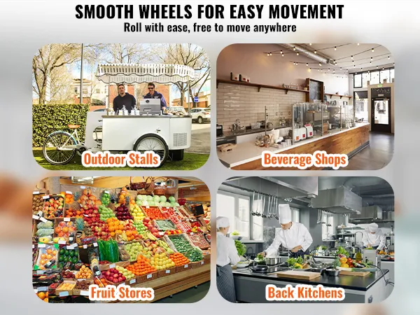 Exprimidor de caña de azúcar VEVOR con ruedas suaves para facilitar el movimiento, ideal para puestos al aire libre, fruterías, tiendas de bebidas y cocinas traseras.