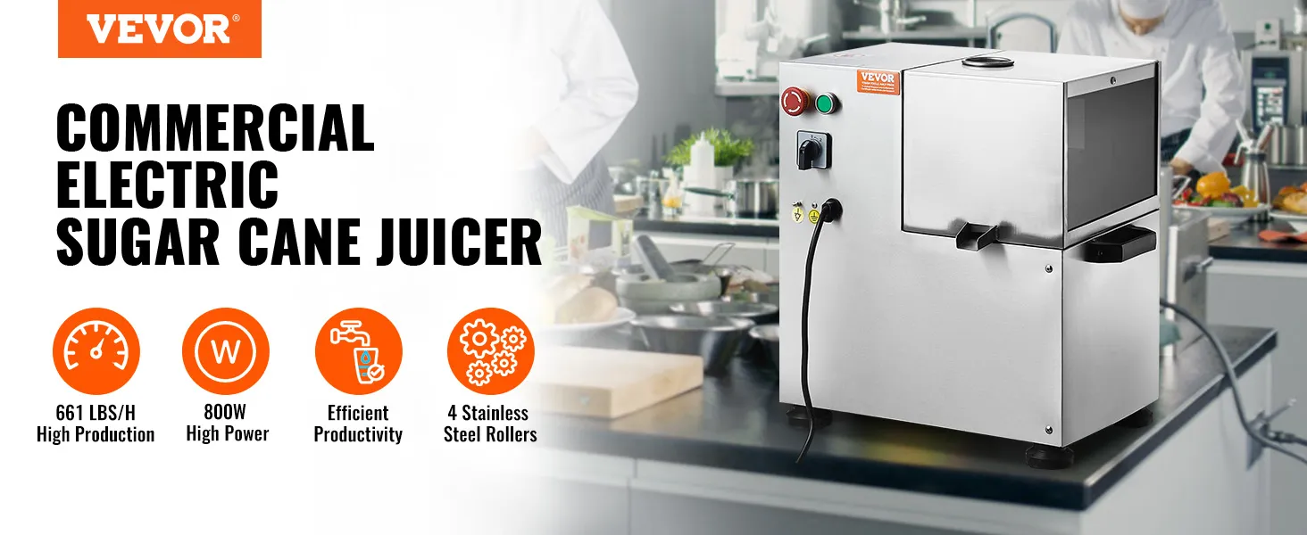 VEVOR sugar cane juicer in a commercial kitchen with specifications including 800w power and 4 stainless steel rollers.