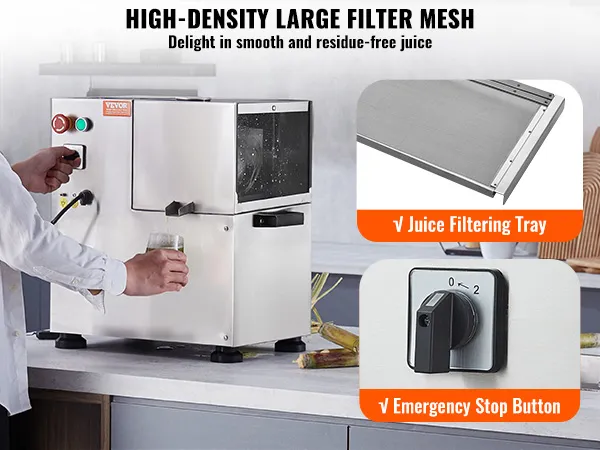 man using VEVOR sugar cane juicer with high-density large filter mesh, juice filtering tray, and emergency stop button.
