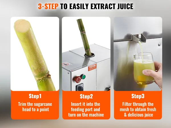 three-step guide to using the VEVOR sugar cane juicer with images of cutting, feeding, and juicing.