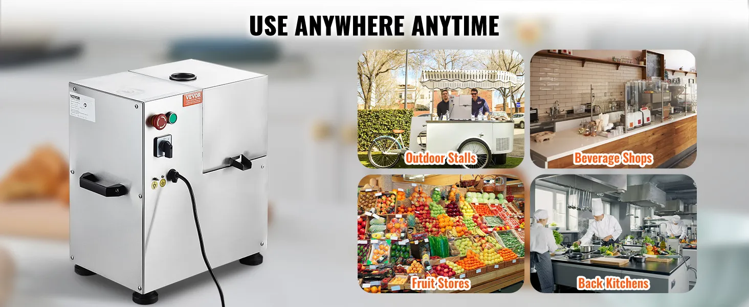 VEVOR sugar cane juicer shown in various settings: outdoor stalls, beverage shops, fruit stores, back kitchens.