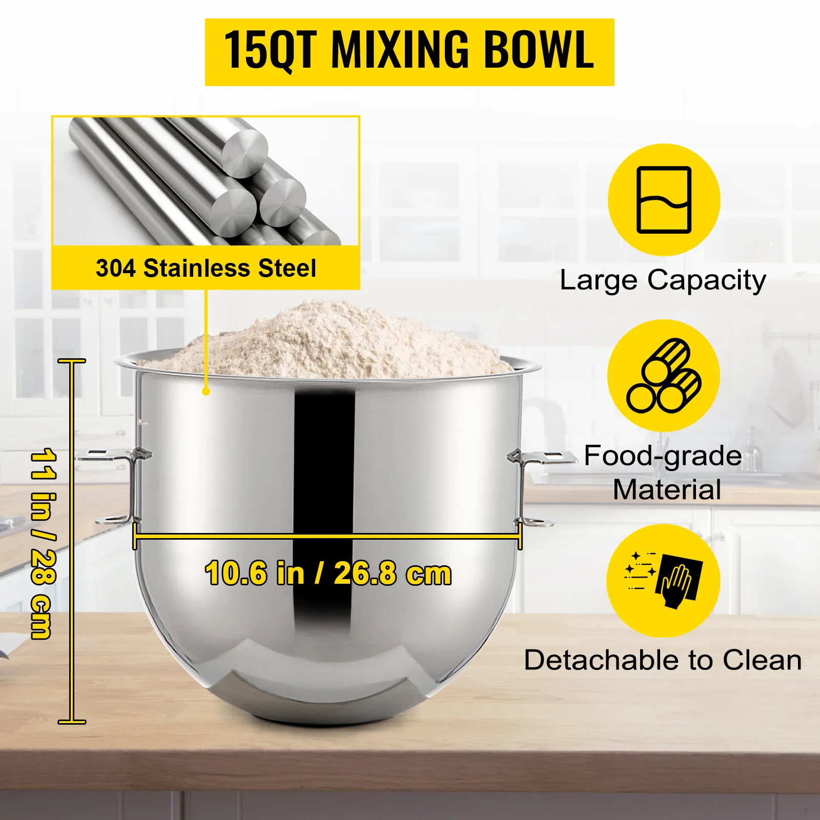 Tazón mezclador de 15 qt con acero inoxidable 304, 11 pulgadas de profundidad, para batidora de alimentos comercial VEVOR.