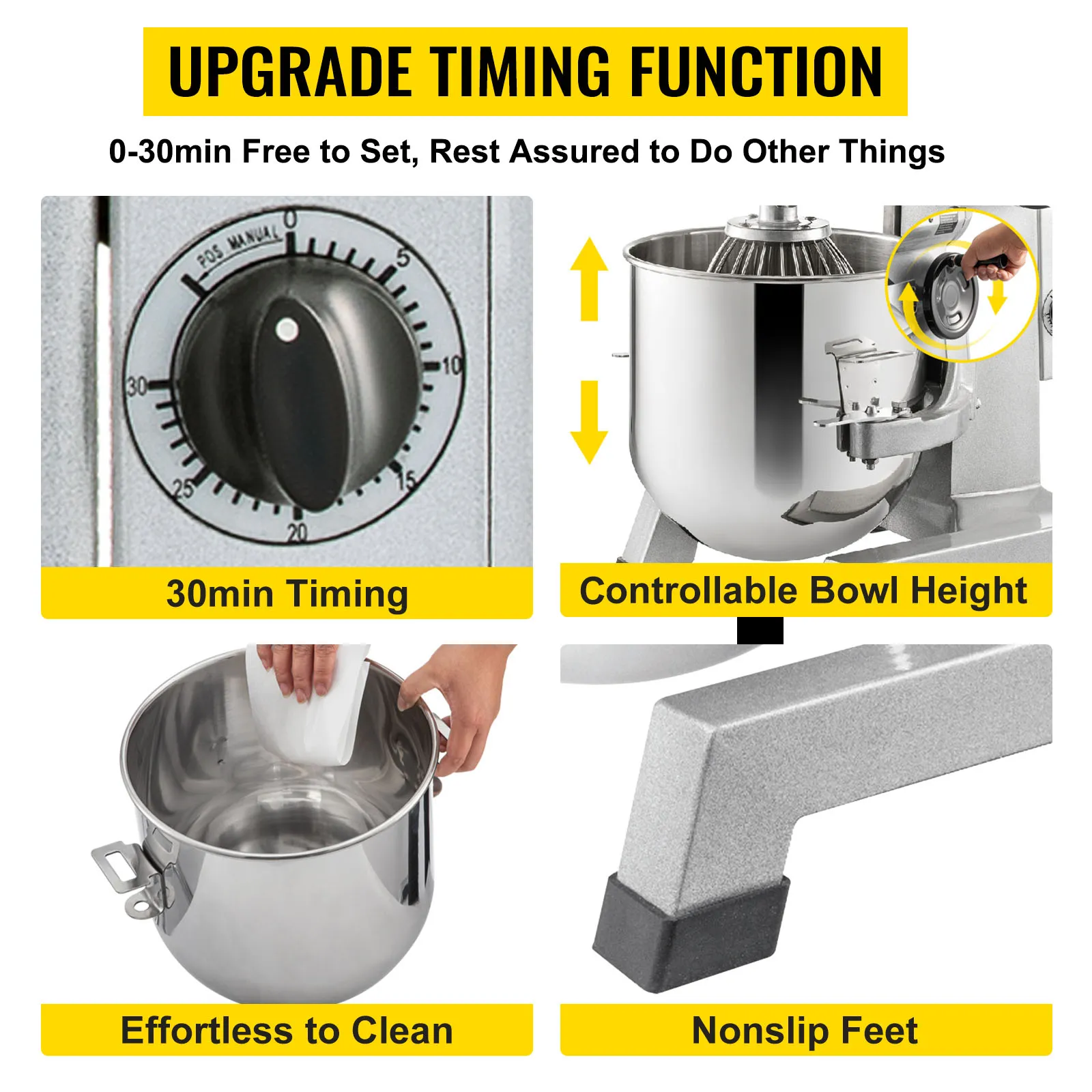 Batidora de alimentos comercial VEVOR con temporizador de 30 minutos, control de altura, fácil limpieza, patas antideslizantes.