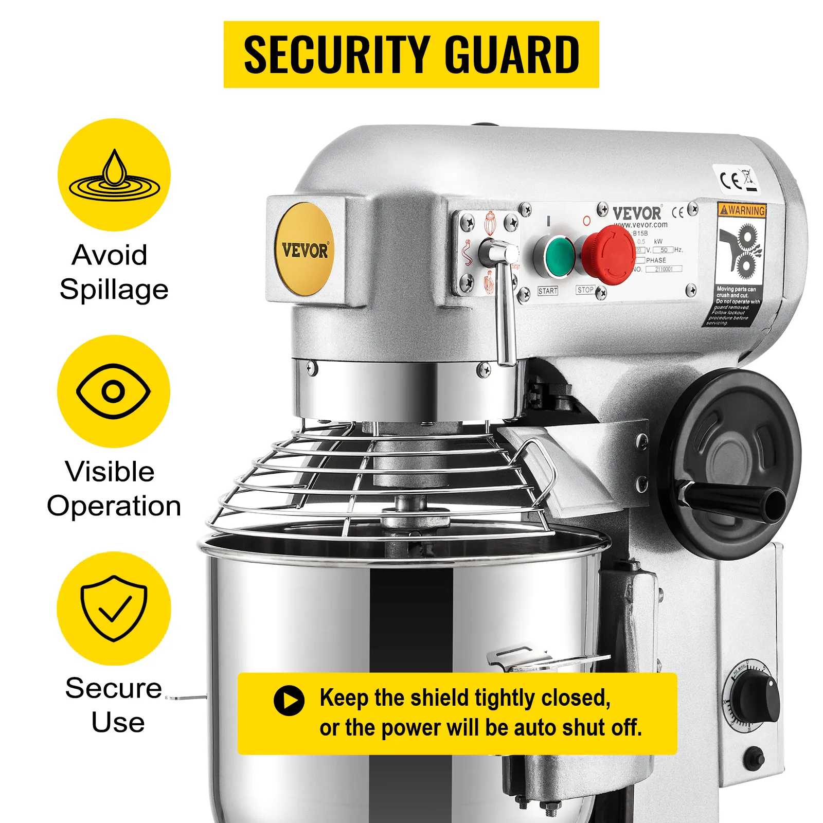 Batidora de alimentos comercial VEVOR con protector de seguridad y botones de control para un uso seguro.