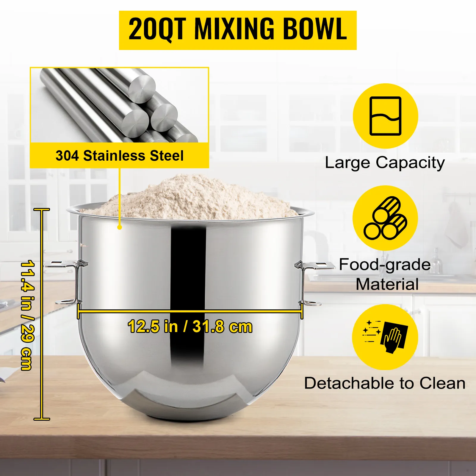 Tazón mezclador de 20 qt con harina, etiquetado como acero inoxidable 304 de grado alimenticio, gran capacidad.
