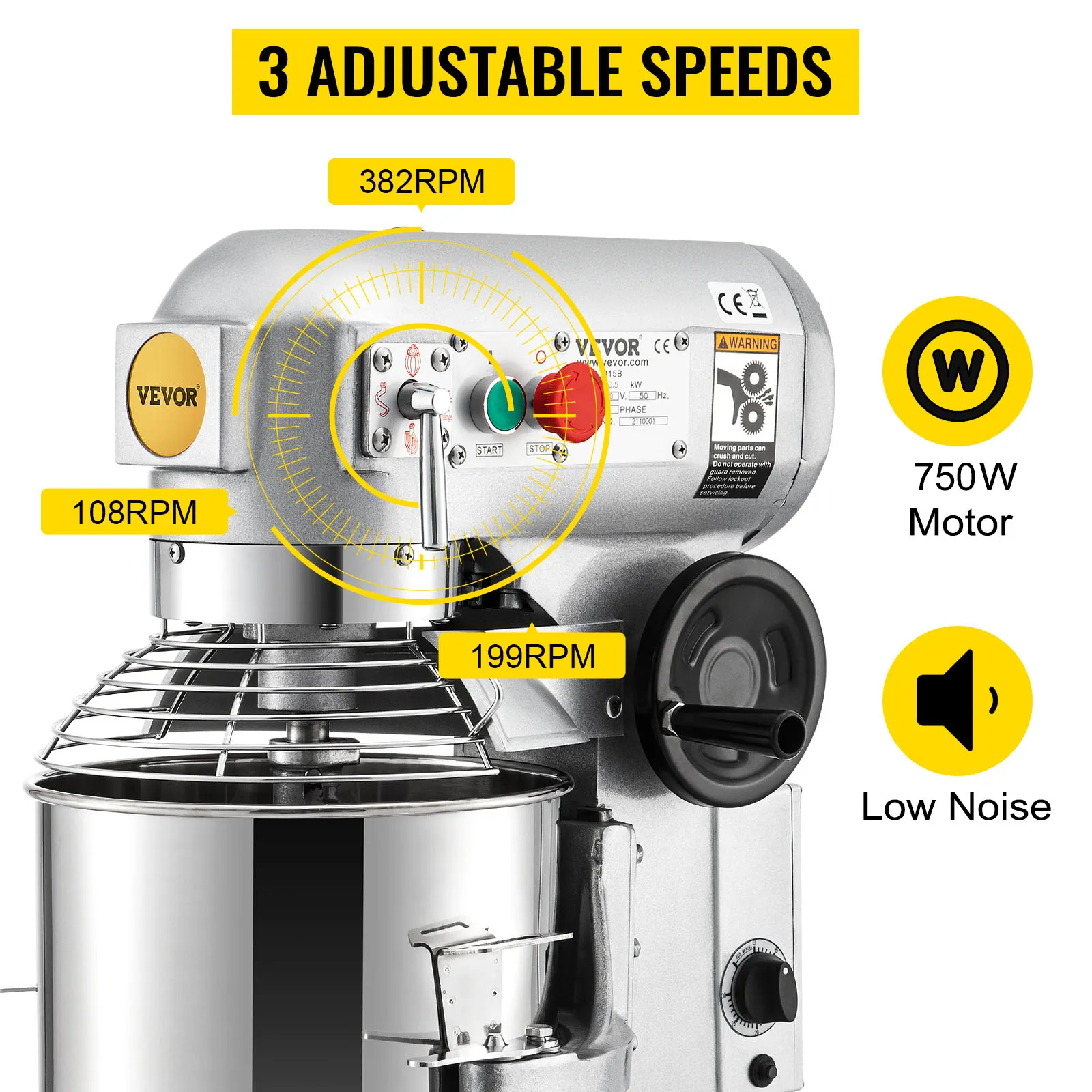 Batidora de alimentos comercial VEVOR con motor de 750w, 3 velocidades ajustables: 108, 199, 382 rpm.