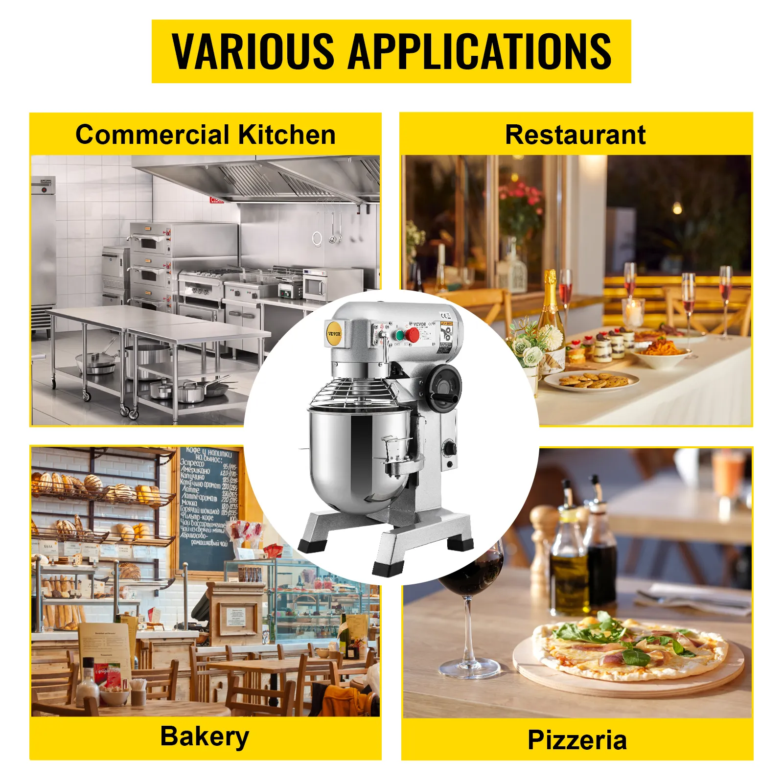 Mezclador de alimentos comercial VEVOR en cocinas, restaurantes, panaderías y pizzerías. Varias aplicaciones.
