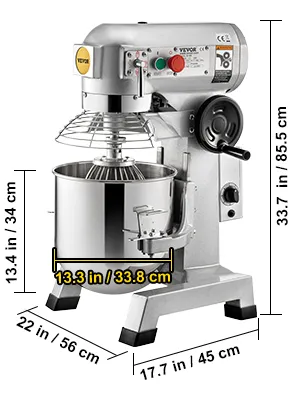 Mezclador comercial VEVOR, acero inoxidable, con dimensiones de alto y ancho marcadas.