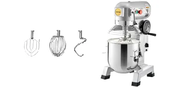 Batidora comercial VEVOR con varios accesorios que incluyen batidor, paleta y gancho para masa.