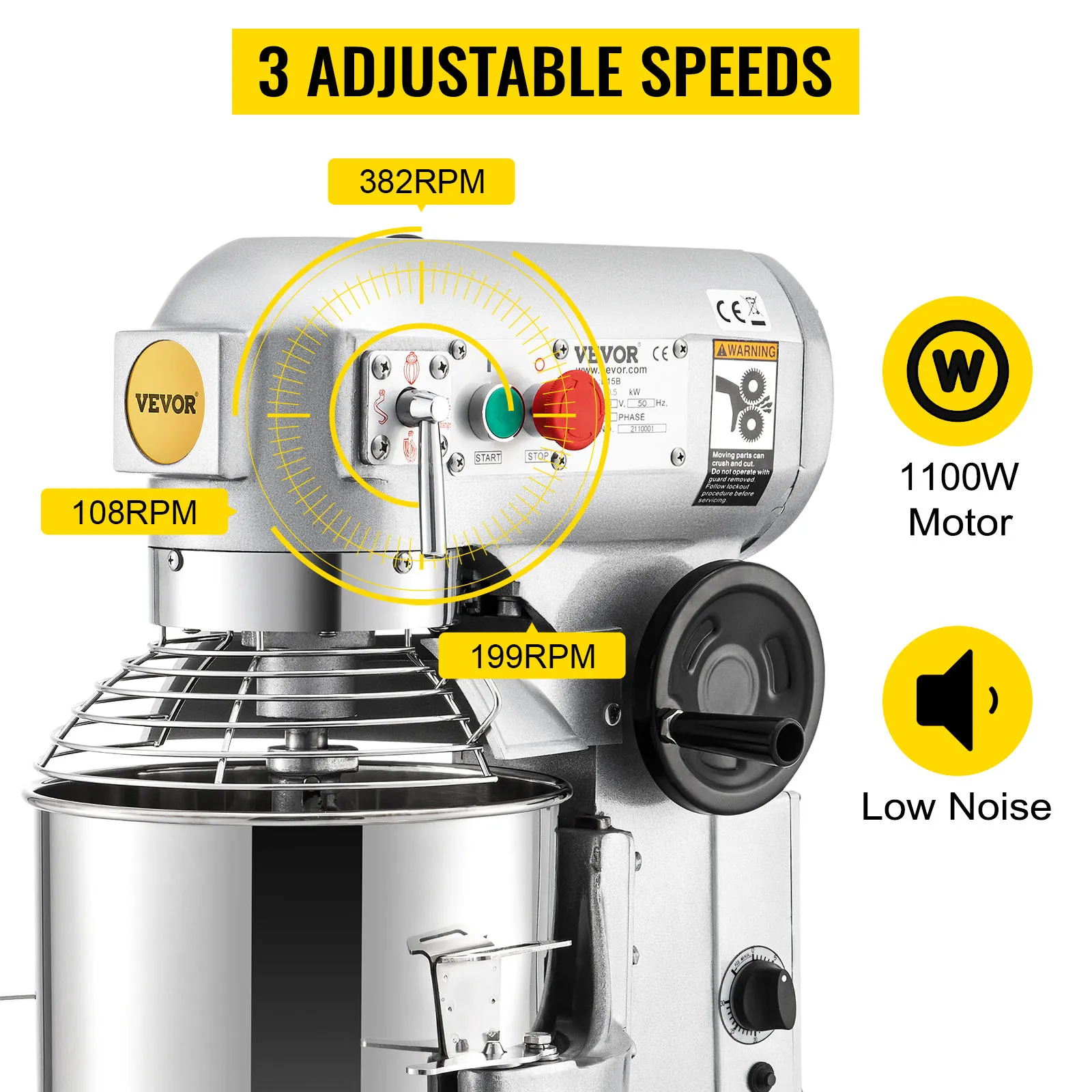 Batidora comercial VEVOR con 3 velocidades ajustables y motor de 1100w, destacando por su bajo nivel de ruido.