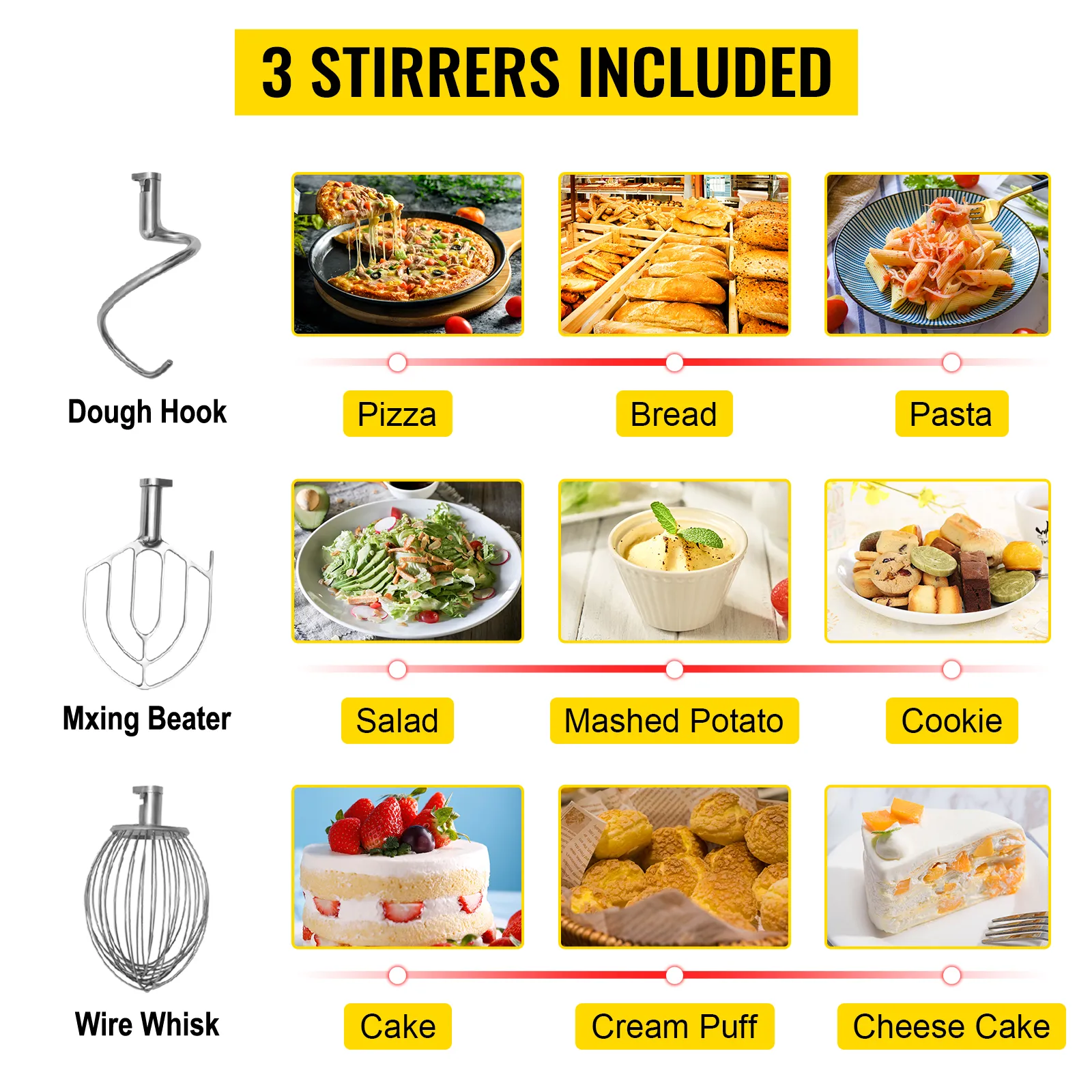 tres agitadores con batidora comercial VEVOR: gancho para masa, batidor mezclador y batidor de alambre.