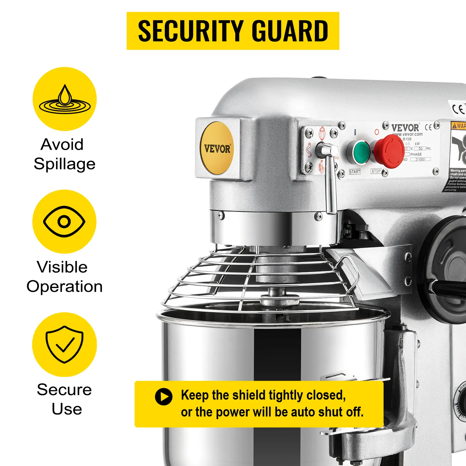 Mezclador comercial VEVOR con funciones de seguridad, prevención de derrames y pautas de operación segura.
