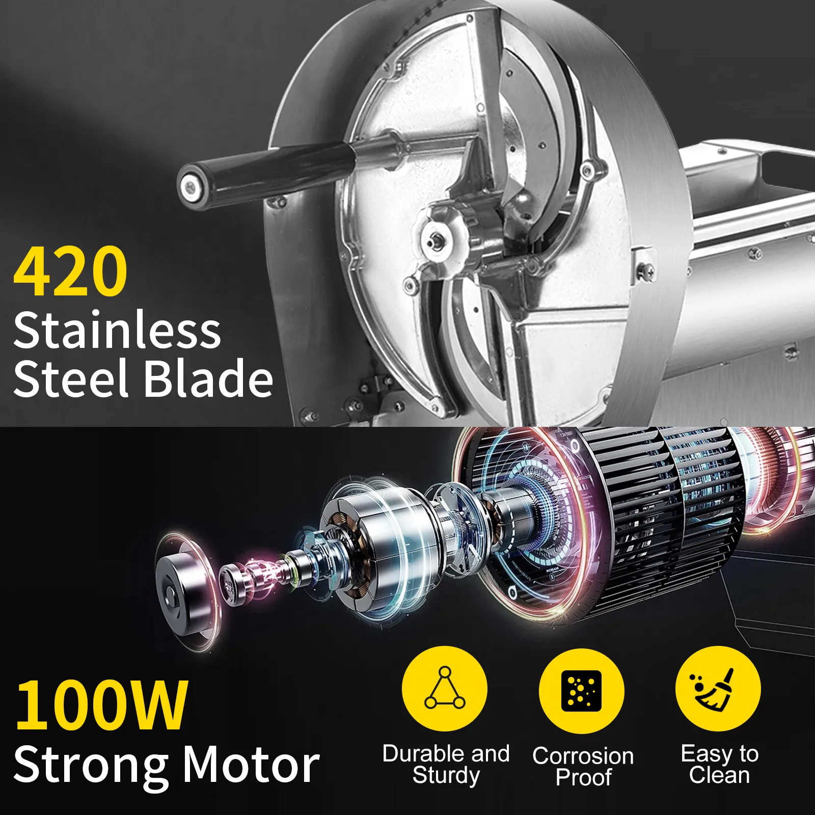 Cortadora de alimentos eléctrica VEVOR con cuchilla de acero inoxidable 420 y motor potente de 100w.