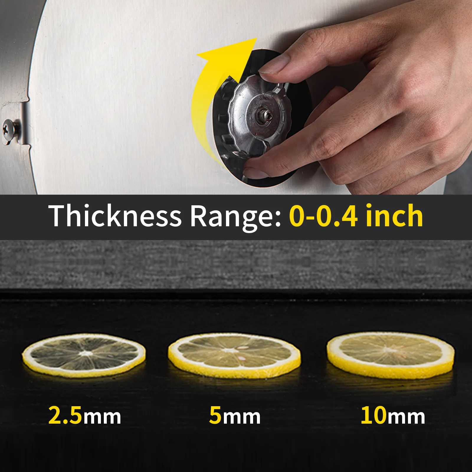 Ajuste manual de la perilla de la cortadora de alimentos eléctrica VEVOR junto a rodajas de limón de diferente grosor.