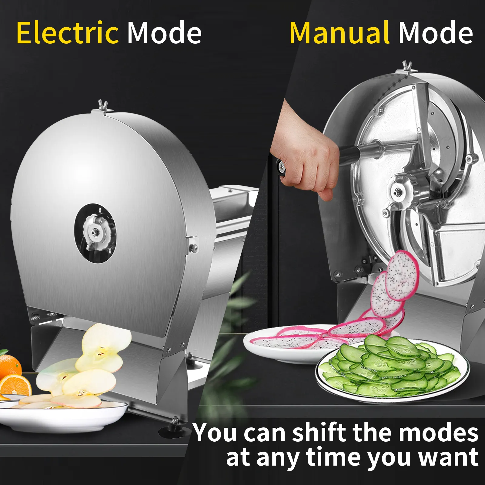 Cortadora de alimentos eléctrica VEVOR que muestra modos eléctricos y manuales para cortar frutas y verduras.