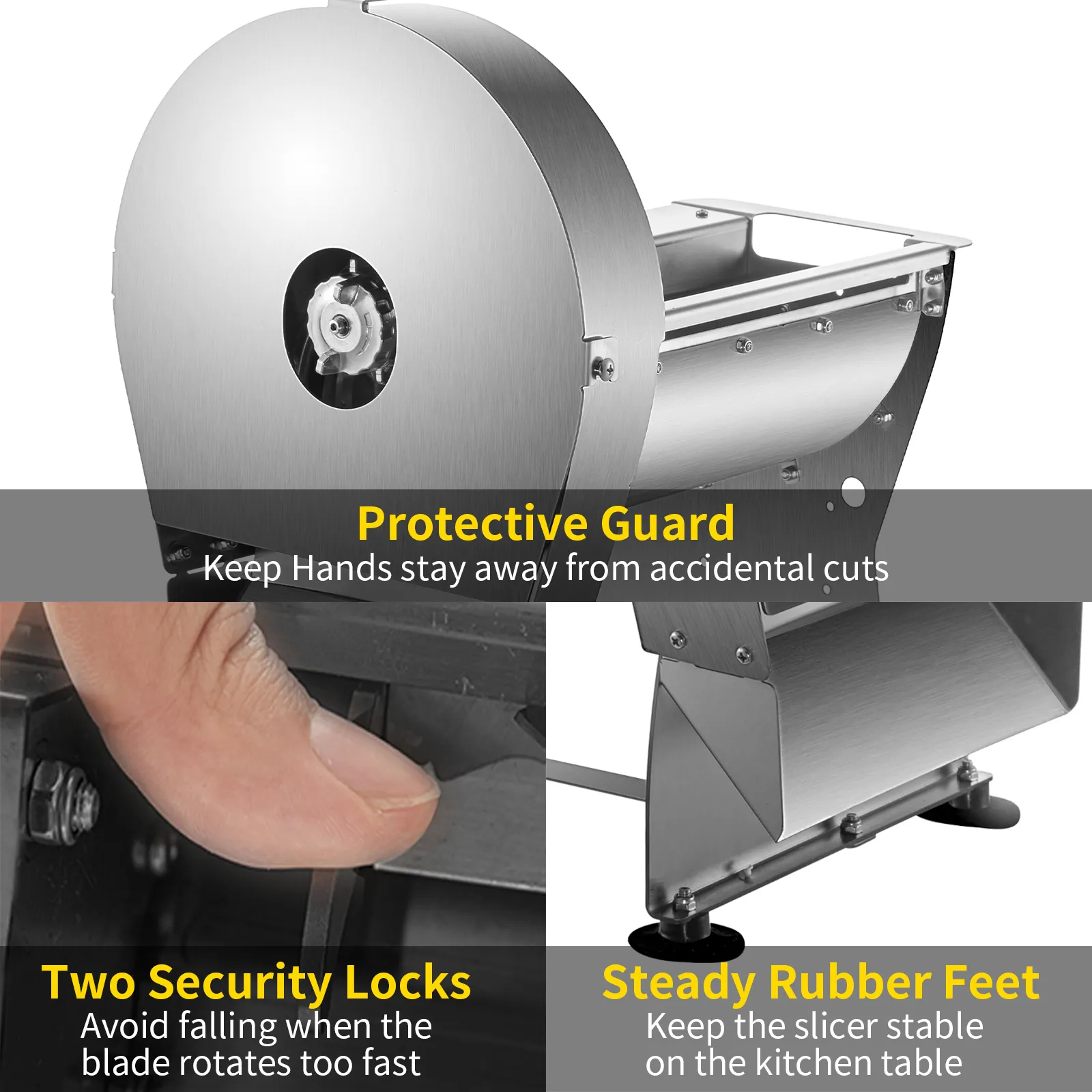 Cortadora de alimentos eléctrica VEVOR con protección, cerraduras de seguridad y patas de goma estables.