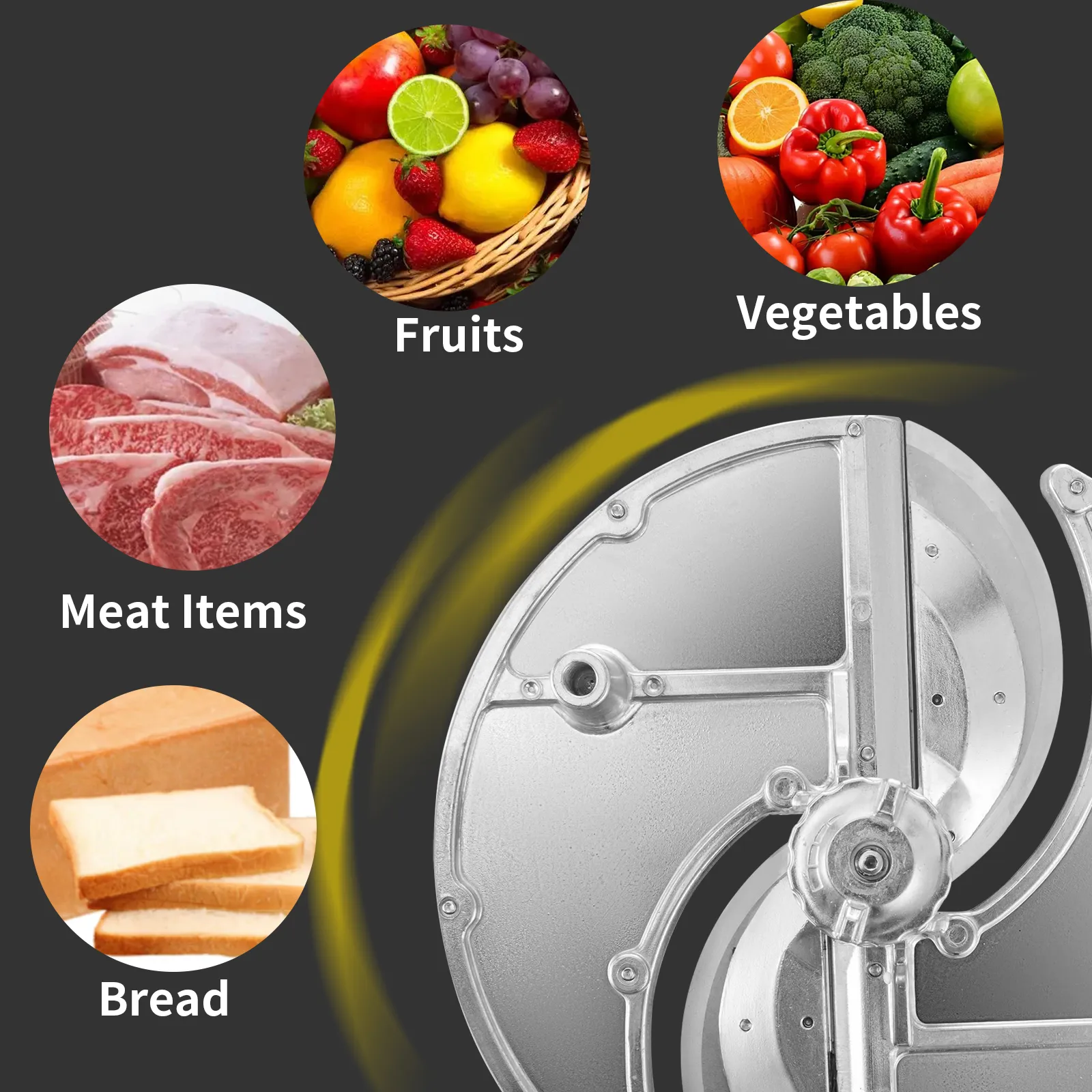 Cortadora de alimentos eléctrica VEVOR con imágenes de frutas, verduras, carnes y pan.