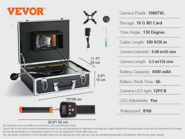 VEVOR sewer camera with 130° view angle, 1000tvl resolution, and 16gb sd card, displayed with accessories.