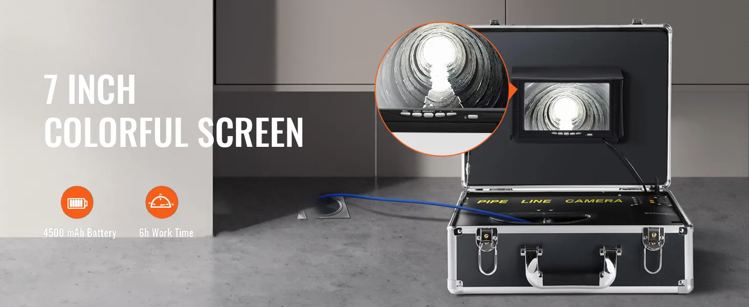 7-inch hd colorful screen of VEVOR sewer camera, featuring vivid color, crystal clear display, and 4500mah battery.