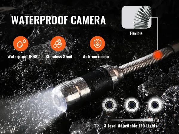 hd waterproof VEVOR sewer camera with 3-level adjustable led lights, ip68 waterproof, stainless steel, flexible, anti-corrosion design.
