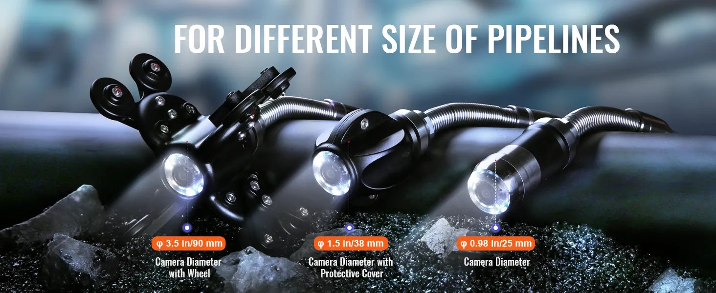 different VEVOR sewer camera sizes for various pipeline diameters: 3.5in, 1.5in, 0.98in.