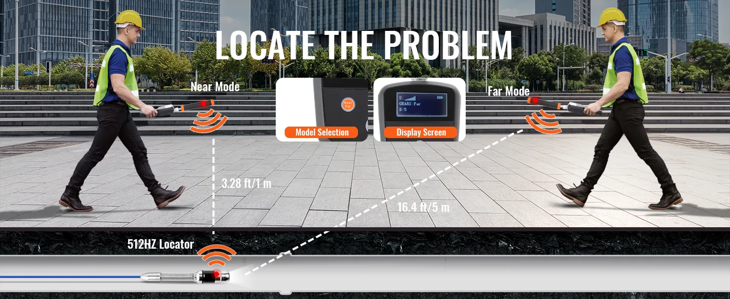 VEVOR sewer camera in use, showcasing near and far mode detection with 512hz locator for problem location.