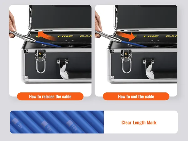 clear length mark on blue VEVOR sewer camera cable with instructions on releasing and coiling the cable.