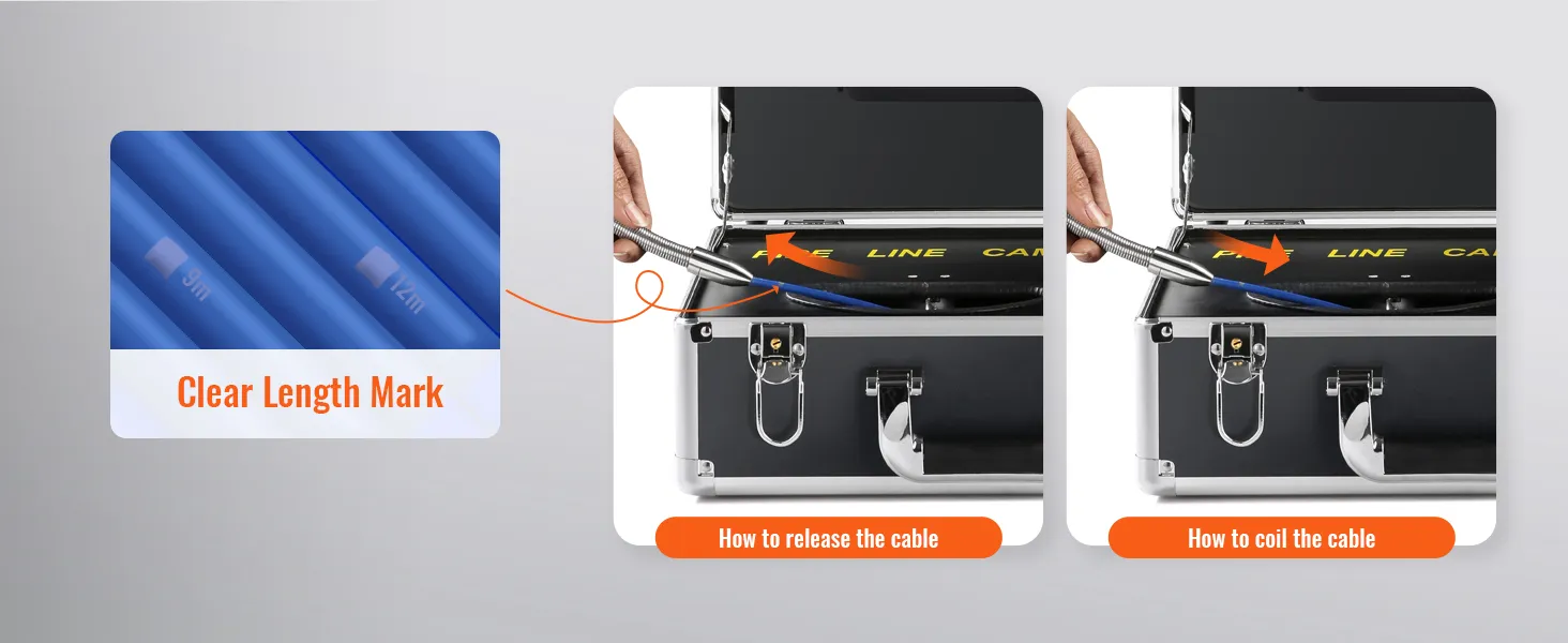 clear length mark on blue VEVOR sewer camera cable with instructions on releasing and coiling the cable.