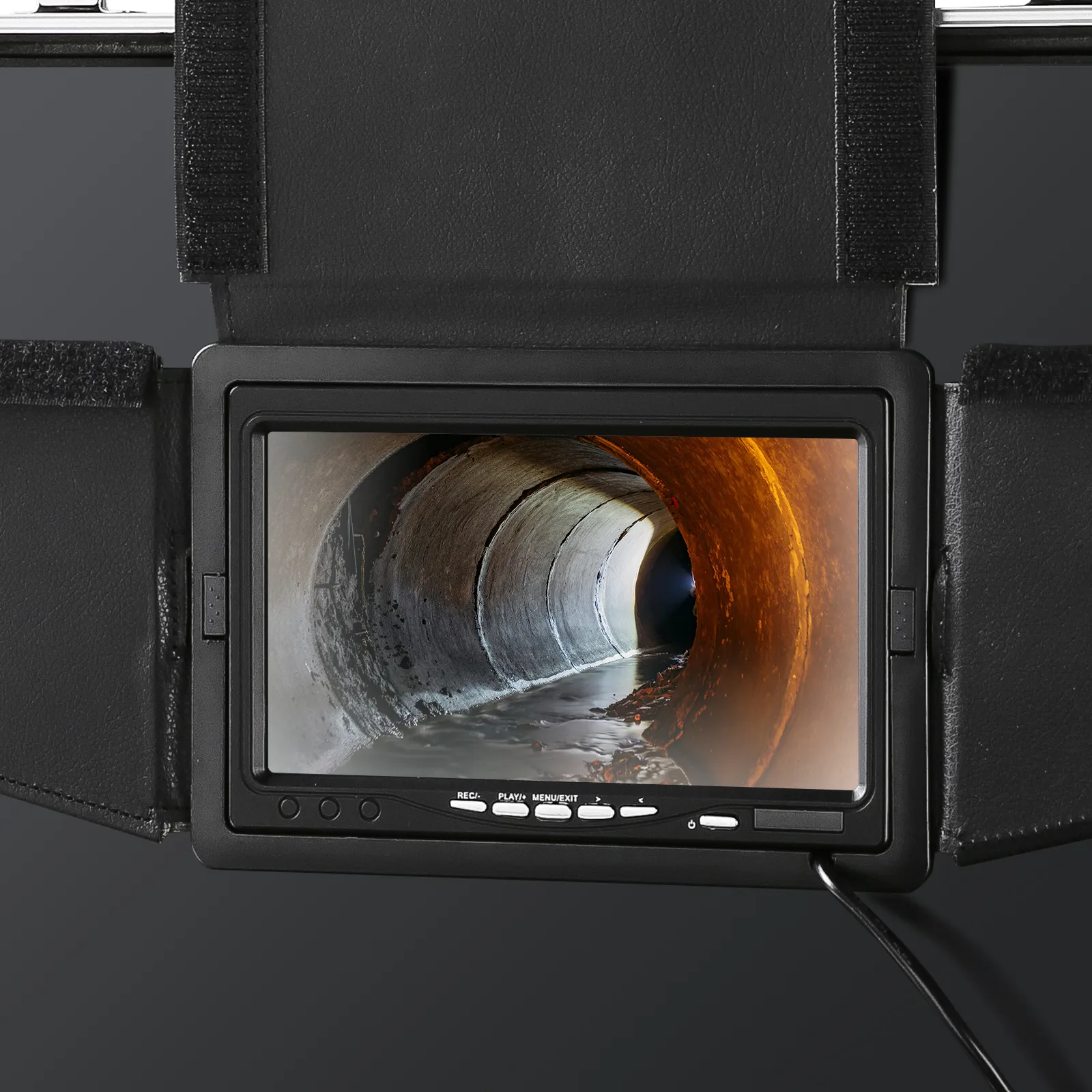 VEVOR sewer camera screen displaying an image of an underground pipe tunnel.